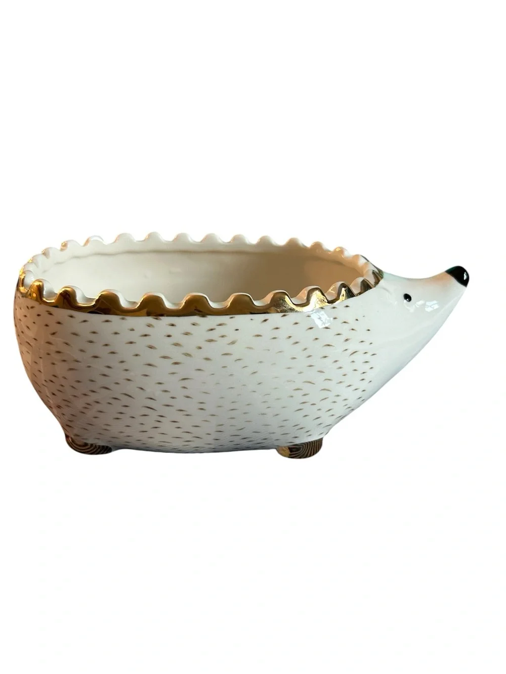 Signature White & Gold Ceramic Hedgehog Bowl EUC Whimsy China Animal Print